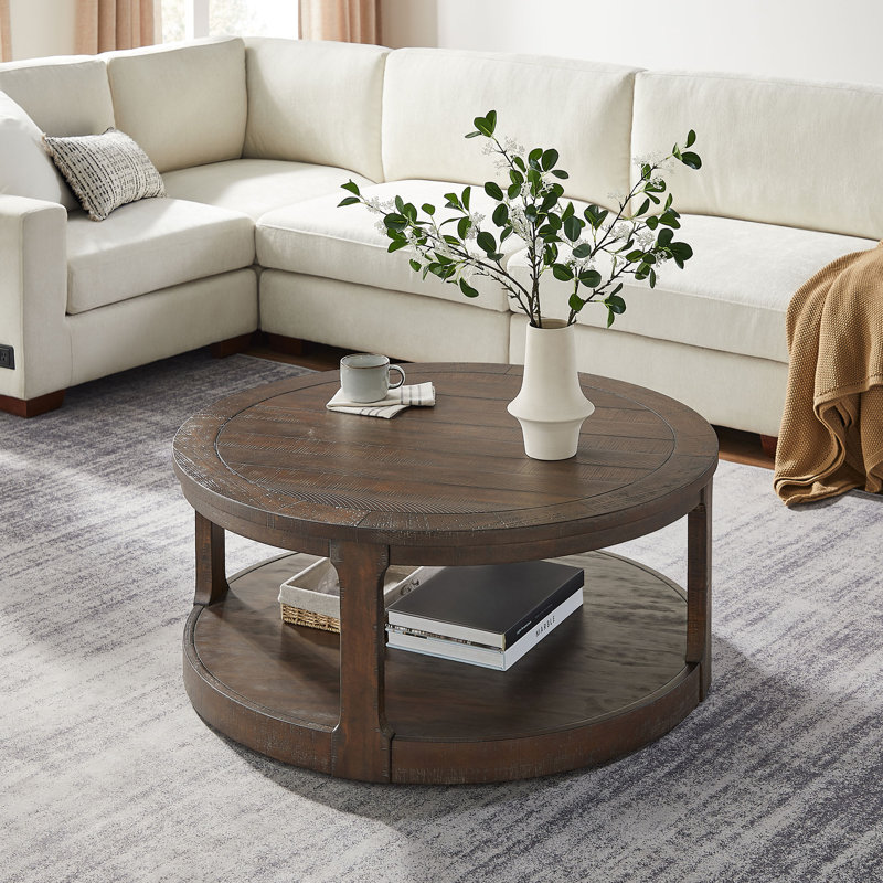 40inch Large Curved 2 Tier Traditional Round Circle Wooden Center Coffee Table Rounded Wooden Table with Wheels Table for Living Room Office